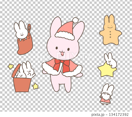 Rabbit and stuffed rabbit making a snowman Rabbit and stuffed rabbit making a snowman 134172392