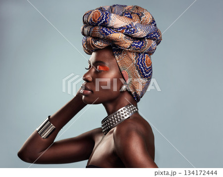 Black woman in African turban, fashion and beauty with makeup isolated on studio background. Natural cosmetics, face profile and female model with traditional head wrap, mockup space and style 134172444