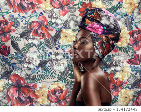 Black woman in turban, fashion on flower background and beauty, makeup with floral aesthetic. Natural cosmetics, profile and female model in traditional African head wrap with creativity and style 134172445