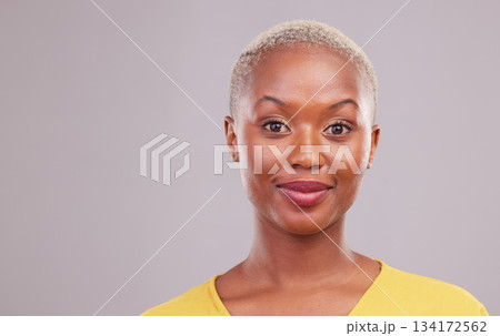 Portrait, skincare and black woman with makeup, dermatology and confident girl against a grey studio background. Face, female person or happy model with facial cosmetics, luxury and shine with mockup 134172562