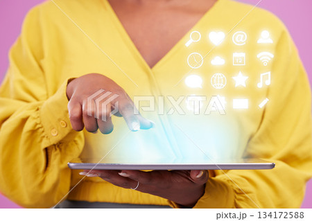 Holographic icons, tablet and woman hand isolated on studio background for 3d app, internet and futuristic technology. Finger, screen and person in digital hologram, overlay or software communication 134172588