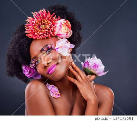 Beauty, flowers and black woman in studio for makeup, creative and organic on black background. Floral, body care and african female model pose with eco friendly, natural and cosmetics with mockup 134172591