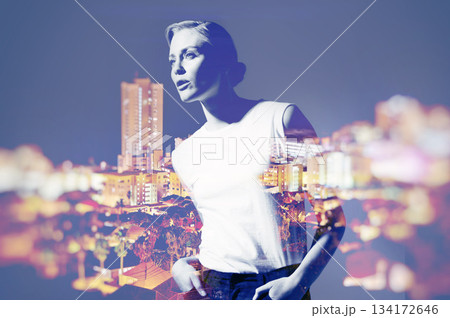 Woman, city and night with double exposure, thinking and fashion for outdoor adventure, tourism and freedom. Girl, vision and holographic overlay with buildings, skyline and bokeh light by cityscape Woman, city and night with double exposure, thinking and fashion for outdoor adventure, tourism and freedom. Girl, vision and holographic overlay with buildings, skyline and bokeh light by cityscape 134172646