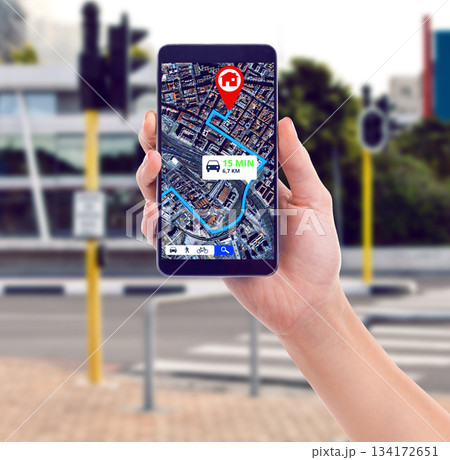 Closeup, city and hand with a smartphone, map and connection for direction, travel or streets. Holding a cellphone, person or traveler with a mobile app, roads or technology for transport or location 134172651