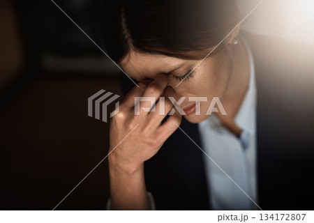 Stress, headache and business woman with pain at night for career migraine, burnout or mental health risk or depression. Depressed, anxiety or tired person with mistake, frustrated or fatigue problem 134172807