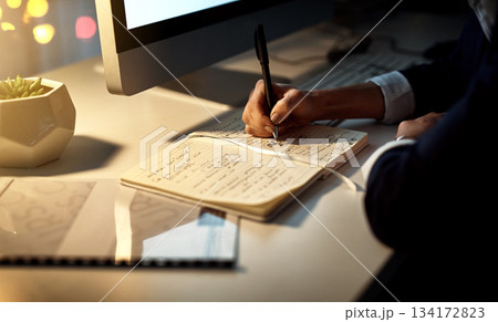 Hands, writing and notebook for working at night on creative ideas, strategy or schedule at a desk. Closeup of entrepreneur woman with pen and notes for planning, information or goals for a project Hands, writing and notebook for working at night on creative ideas, strategy or schedule at a desk. Closeup of entrepreneur woman with pen and notes for planning, information or goals for a project 134172823