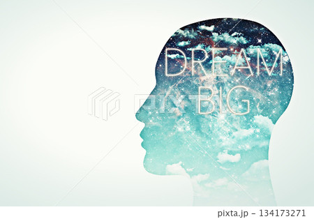 Double exposure, mind and dream with a universe in the head of a silhouette for fantasy as a digital illustration. Star galaxy, light and overlay as a symbol of mental awareness or free thinking 134173271