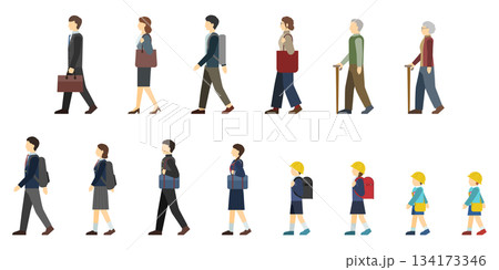 フラットイラスト:様々な年代の歩く人々(サイド) フラットイラスト:様々な年代の歩く人々(サイド) 134173346
