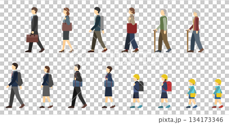 フラットイラスト:様々な年代の歩く人々(サイド) フラットイラスト:様々な年代の歩く人々(サイド) 134173346