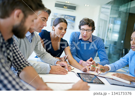 Planning, teamwork and tablet with business people in meeting for idea, project management and strategy. Review, collaboration and brainstorming with employees for digital, data and solution 134173376