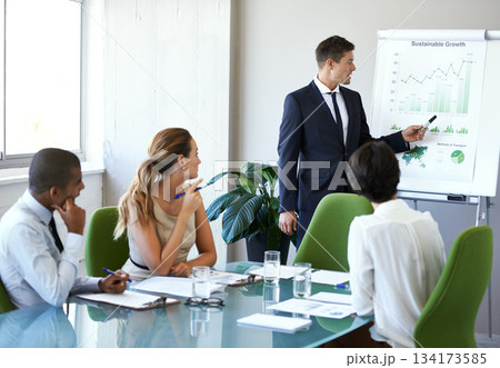 Business man, speaker or presentation of corporate management team with sustainable growth chart. Training, people or collaboration of eco friendly company staff in conference room for report meeting Business man, speaker or presentation of corporate management team with sustainable growth chart. Training, people or collaboration of eco friendly company staff in conference room for report meeting 134173585
