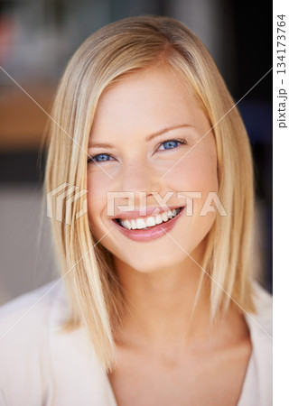 Smile, beauty and face portrait of a woman with natural makeup, cosmetics and glow on skin. Female model person from Canada with happiness, positive mindset and confidence for skincare headshot 134173764