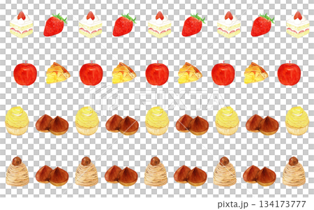 手描き水彩スイーツの装飾ラインセット（ショートケーキ・アップルパイ・モンブラン・フルーツ） 134173777