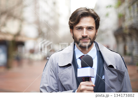 Portrait, broadcast and a man with a microphone in the city for an interview or tv journalist. Smile, media and a male reporter talking with a mic for press, anchor job and reporting the news Portrait, broadcast and a man with a microphone in the city for an interview or tv journalist. Smile, media and a male reporter talking with a mic for press, anchor job and reporting the news 134173802
