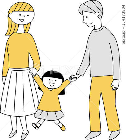 手を繋いで歩く親子単色 134173904