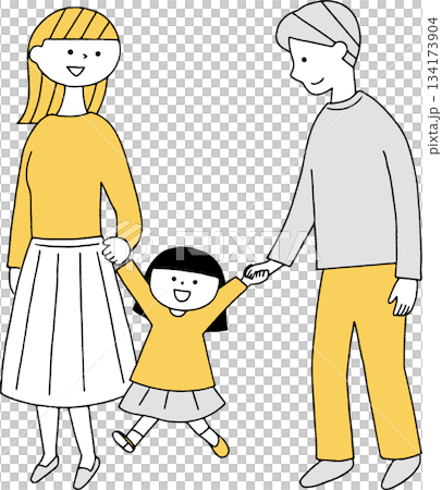 手を繋いで歩く親子単色 134173904