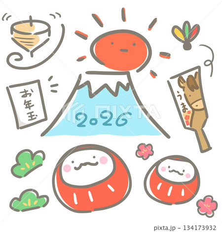 手描きの可愛いお正月アイテム 手描きの可愛いお正月アイテム 134173932