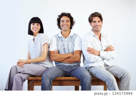 Team, happy and portrait of business people on bench for collaboration, teamwork and partnership. Startup, company and men and woman workers on white background with pride, smile and confidence Team, happy and portrait of business people on bench for collaboration, teamwork and partnership. Startup, company and men and woman workers on white background with pride, smile and confidence 134173994