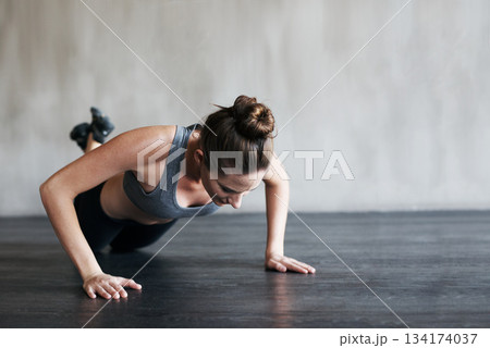 Fitness workout, active and woman doing push up for exercise, health performance or sports training for bodybuilding. Endurance challenge, determination or exercising female person doing floor pushup Fitness workout, active and woman doing push up for exercise, health performance or sports training for bodybuilding. Endurance challenge, determination or exercising female person doing floor pushup 134174037