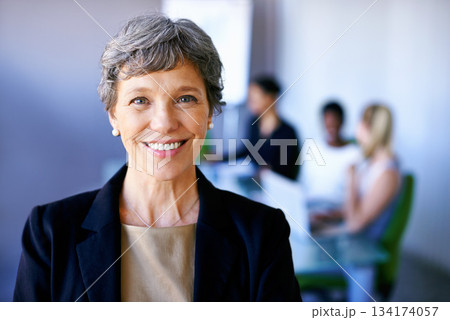 Portrait, business and woman with a smile, leadership and confident at the office, meeting and professional. Face, female leader and employee with happiness, mentor and startup with management skills 134174057