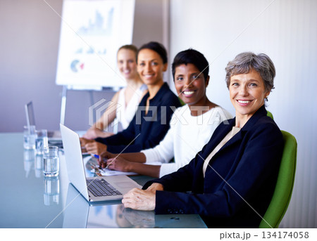Diversity in team, women empowerment portrait of business people happy and in office at building. Collaboration or teamwork, in workshop and coworkers in corporate with in modern conference room. 134174058