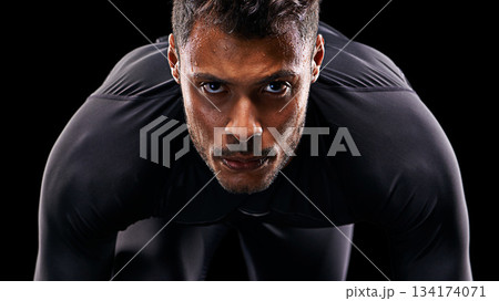 Portrait, isolated runner and man ready to run, start race and intense focus in dark studio background. Serious, man and running or athlete, cardio or training motivation to win, workout or exercise Portrait, isolated runner and man ready to run, start race and intense focus in dark studio background. Serious, man and running or athlete, cardio or training motivation to win, workout or exercise 134174071