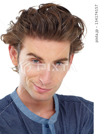Flirt, smirk and portrait of a man in a studio with a confident smooth flirting personality. Confidence, casual and closeup face of a young and handsome male model isolated by a white background. Flirt, smirk and portrait of a man in a studio with a confident smooth flirting personality. Confidence, casual and closeup face of a young and handsome male model isolated by a white background. 134174157