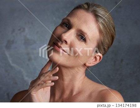 Portrait, smile and senior woman with skincare, cosmetics and beauty on a studio background. Face detox, mature female person and elderly human with dermatology, grooming and treatment with soft skin Portrait, smile and senior woman with skincare, cosmetics and beauty on a studio background. Face detox, mature female person and elderly human with dermatology, grooming and treatment with soft skin 134174198