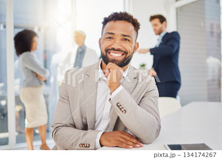 Business, happy and portrait of black man in office with confidence, pride and happiness at desk. Leadership, professional career and male worker with smile for success, company mission and goals Business, happy and portrait of black man in office with confidence, pride and happiness at desk. Leadership, professional career and male worker with smile for success, company mission and goals 134174267