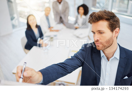 Business report, presentation board and man writing, planning or working on company sales, advertising or brainstorming. Project, people listening or male person, leader or mentor coaching team Business report, presentation board and man writing, planning or working on company sales, advertising or brainstorming. Project, people listening or male person, leader or mentor coaching team 134174293