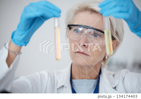 Senior woman, scientist and DNA samples or chemicals for experiment or testing with gloves in laboratory. Mature female in science discovery or research with test tubes for chemistry results in lab Senior woman, scientist and DNA samples or chemicals for experiment or testing with gloves in laboratory. Mature female in science discovery or research with test tubes for chemistry results in lab 134174403