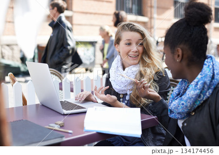 Women, education and students with laptop, outdoor and happiness with project, studying or learning. Female friends, girls or young people outside, smile or knowledge with brainstorming or share idea Women, education and students with laptop, outdoor and happiness with project, studying or learning. Female friends, girls or young people outside, smile or knowledge with brainstorming or share idea 134174456