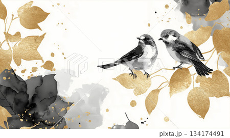 日本の四季や自然の美しさを表現した花と鳥の組み合わせ、和柄イラスト背景素材、伝統と現代を融合 134174491