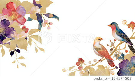 華やかな花と寄り添う鳥たちが織りなす和の情景、水彩風の繊細なタッチが映える、和風イメージにぴったり 134174502