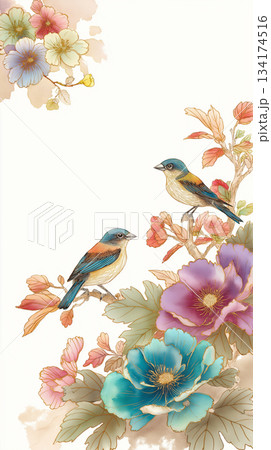 優雅な構図で描かれた鳥と花の水彩イラスト、和の雰囲気を持つデザイン素材、装飾背景、印刷物 優雅な構図で描かれた鳥と花の水彩イラスト、和の雰囲気を持つデザイン素材、装飾背景、印刷物 134174516