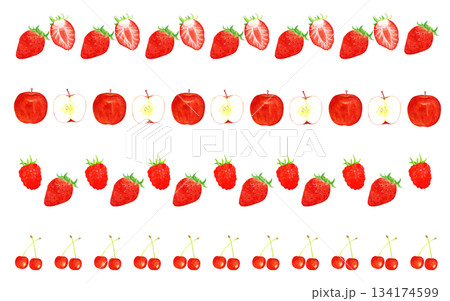 手描き水彩の赤系フルーツ装飾ラインセット（いちご・りんご・ラズベリー・さくらんぼ） 134174599