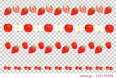 手描き水彩の赤系フルーツ装飾ラインセット（いちご・りんご・ラズベリー・さくらんぼ） 134174599