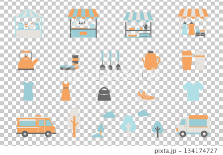 Flea market and food truck modern and retro flat icon set Flea market and food truck modern and retro flat icon set 134174727