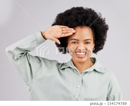 Salute, smile and portrait of black woman greeting feeling proud and excited making hand gesture isolated in a white studio background. Happy, pride and female welcome with respect and hello sign Salute, smile and portrait of black woman greeting feeling proud and excited making hand gesture isolated in a white studio background. Happy, pride and female welcome with respect and hello sign 134174789