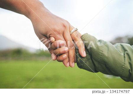 Closeup, mother and child holding hands in park, morning walk and bonding with trust, support and love. Woman, kid and helping hand walking in nature for quality time in sunshine and holiday together Closeup, mother and child holding hands in park, morning walk and bonding with trust, support and love. Woman, kid and helping hand walking in nature for quality time in sunshine and holiday together 134174797