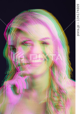 Double exposure, beauty and portrait of woman with smile on black background for cosmetics, glow and makeup. Neon aesthetic, art deco and face of female model happy, laughing and confident in studio Double exposure, beauty and portrait of woman with smile on black background for cosmetics, glow and makeup. Neon aesthetic, art deco and face of female model happy, laughing and confident in studio 134174809
