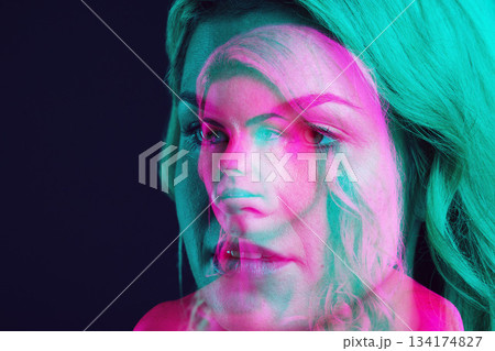 Overlay, face and serious woman thinking or with a dark mindset or thought isolated in a black studio background. Wondering, worried and intense female person contemplating a decision or choice 134174827