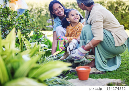A woman, mother and daughter gardening together outdoor for growth or sustainability during spring. Plants, children and earth day with a family bonding in the garden for eco friendly landscaping A woman, mother and daughter gardening together outdoor for growth or sustainability during spring. Plants, children and earth day with a family bonding in the garden for eco friendly landscaping 134174852