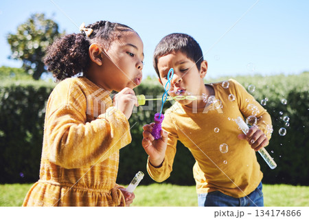 Playing, garden and children blowing bubbles for entertainment, weekend and fun activity together. Recreation, outdoors and siblings with a bubble toy for leisure, childhood and enjoyment in summer 134174866