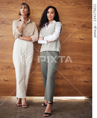 Business women, portrait and teamwork of happy female staff and friends in a company. Office, confidence and management team with pride from work of a professional woman employee with wall background Business women, portrait and teamwork of happy female staff and friends in a company. Office, confidence and management team with pride from work of a professional woman employee with wall background 134175011