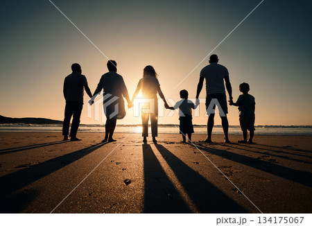 Family silhouette at beach, generations holding hands at sunset and people with love, care and support outdoor. Travel, adventure and freedom, grandparents and parents with kids back and ocean view 134175067
