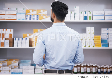 Pharmacy, medicine and back of man check shelf for medication, prescription and treatment. Healthcare clinic, drug store and male person reading boxes for medical product, supplements and antibiotics Pharmacy, medicine and back of man check shelf for medication, prescription and treatment. Healthcare clinic, drug store and male person reading boxes for medical product, supplements and antibiotics 134175139