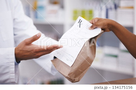 Pharmacy, medicine or pharmacist hands a bag in drugstore with healthcare prescription receipt. Zoom, person shopping or doctor giving customer products, pills or package for medical retail services 134175156