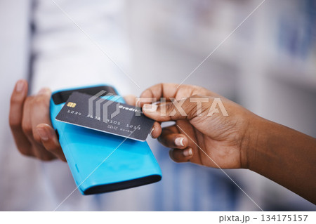 Sale, credit card and payment with hands of people for retail, shopping and fintech banking service. Digital money closeup, cashless or technology with machine and customer for electronic transaction 134175157