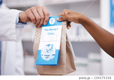 Clinic, medicine or pharmacist hands person a bag in drugstore with healthcare prescription receipt. Zoom, shopping or doctor giving customer products or pharmacy package for medical retail services 134175158